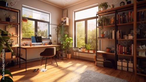 A cozy workspace with natural elements and a view of the outdoors. Generative AI