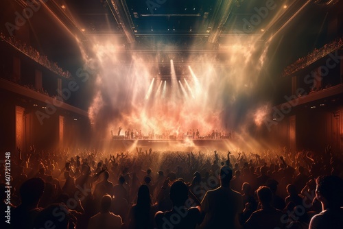 A packed concert venue with fans cheering and waving their hands in the air. Generative AI