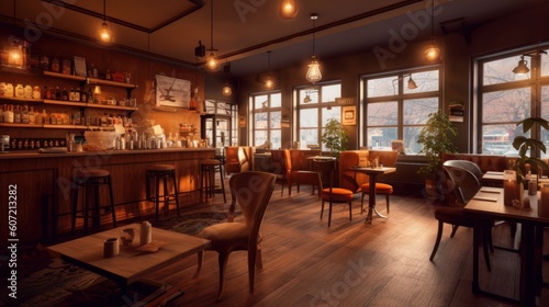Cozy restaurant with warm lighting and wooden furniture. Generative AI