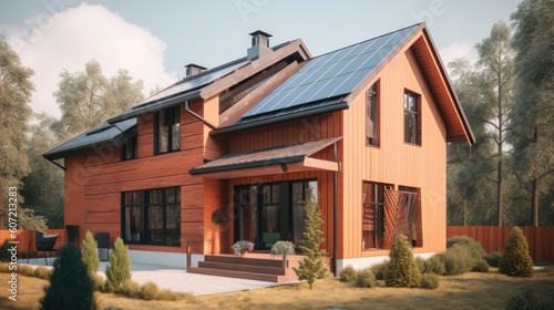 Alternative green energy, solar panels on the roof top of the house. Generative AI