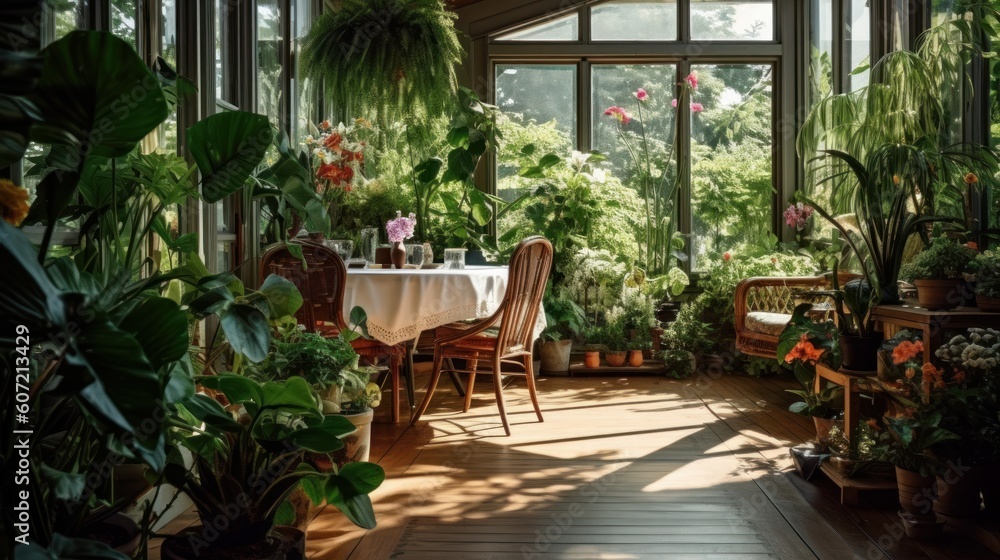 A green indoor garden with a cozy table setting. Generative AI