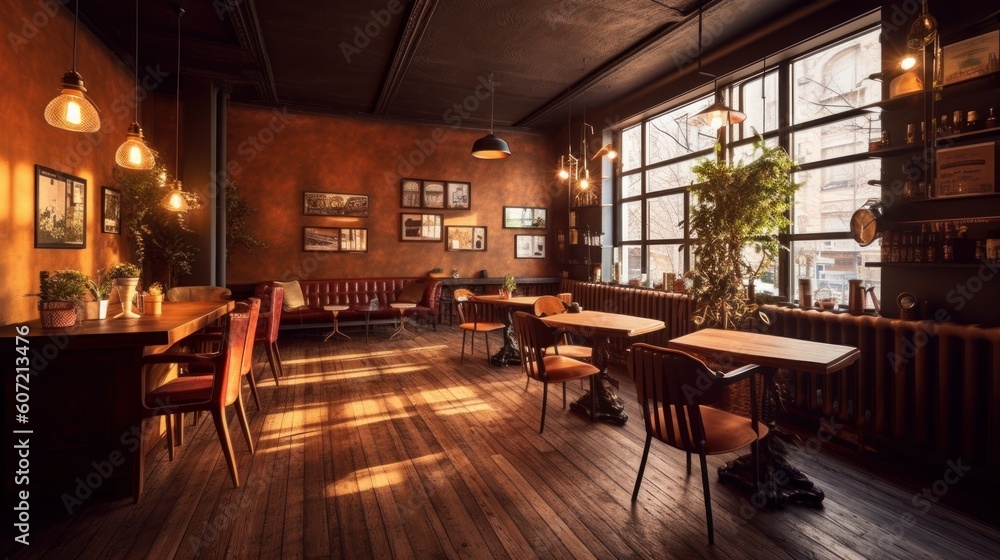 Cozy and intimate restaurant with rustic wooden furniture and warm lighting. Generative AI