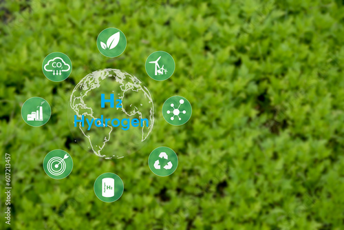 h2 hydrogen icon go green technology energy environment on green background. Hydrogen Industry Concept.