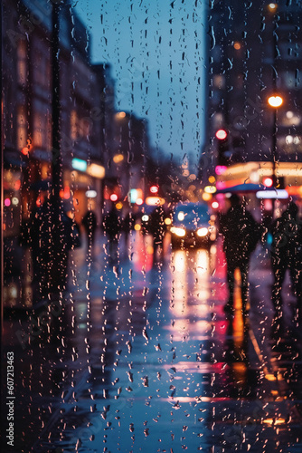 Photograph of busy city street, taken at dusk on a rainy day, water beading on glass, camera focus on window. AI generative © SANGHYUN