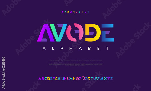 Avode colorful abstract digital technology logo font alphabet. Minimal modern urban fonts for logo, brand etc. Typography typeface uppercase lowercase and number. vector illustration