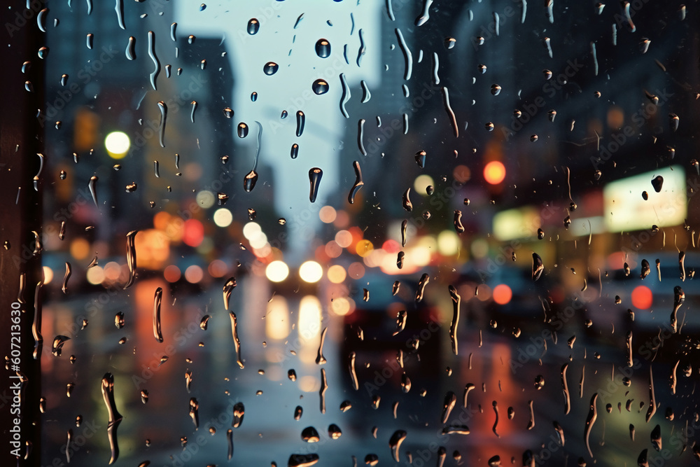 Photograph of busy city street, taken at dusk on a rainy day, water beading on glass, camera focus on window. AI generative - obrazy, fototapety, plakaty 