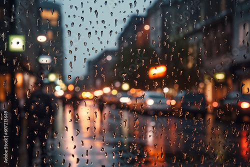 Photograph of busy city street, taken at dusk on a rainy day, water beading on glass, camera focus on window. AI generative © SANGHYUN