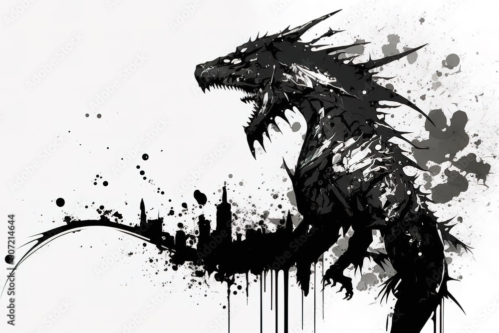 Image painting of a dragon drawing using a brush and black ink on white ...