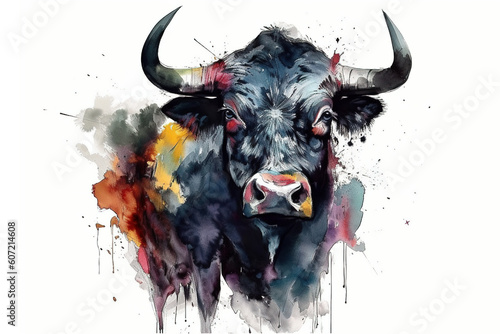 Watercolor painting of black bull on white background. Wildlife Animals. Illustration, generative AI. photo