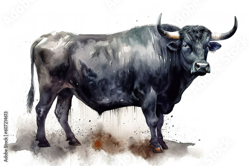 Watercolor painting of black bull on white background. Wildlife Animals. Illustration, generative AI.