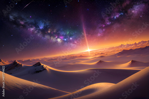 Abstract illustration landscape with sky of galaxy, planets, stars