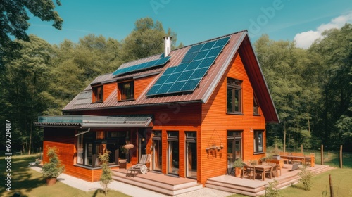 Alternative green energy, solar panels on the roof top of the house. Generative AI © Natee Meepian