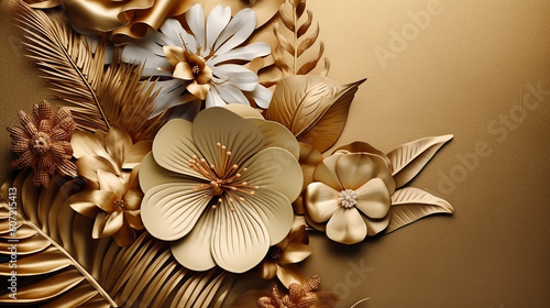 Minimal background in golden metallic texture flower. Generative AI
