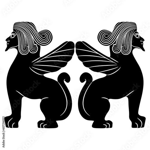 Symmetrical animal design with two bearded winged male sphynxes. Ethnic mythological motif from ancient Syria. Black and white silhouette. photo