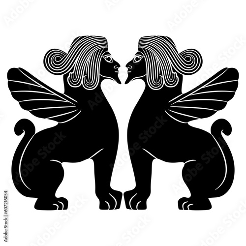 Symmetrical animal design with two bearded winged male sphynxes. Ethnic mythological motif from ancient Syria. Black and white silhouette.