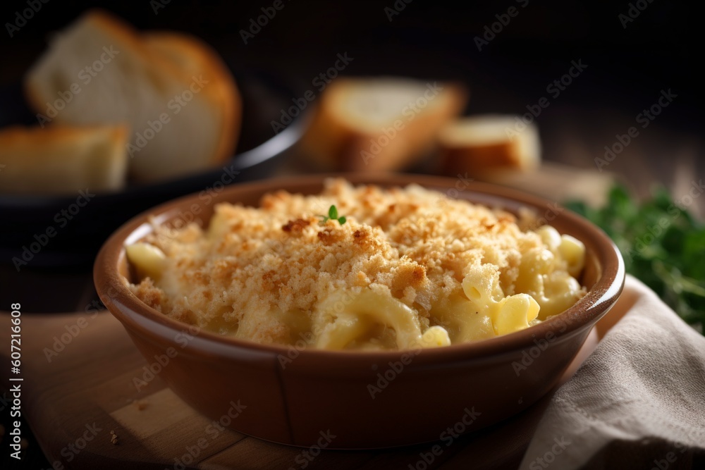A warm and comforting bowl of creamy mac and cheese, topped with a crispy breadcrumb crust. (Generative AI) A warm and comforting bowl of creamy mac and cheese, topped with a crispy breadcrumb crust. (Generative AI)