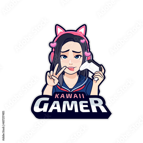 Kawaii gamer streamer girl isolated on white background