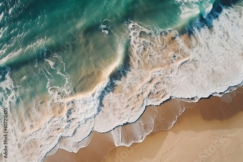 View from above. Beautiful sea waves. Sandy beach and amazing sea. The texture of the water. 