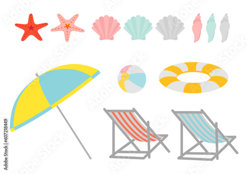 海水浴グッズと貝殻とヒトデのイラストのセット
