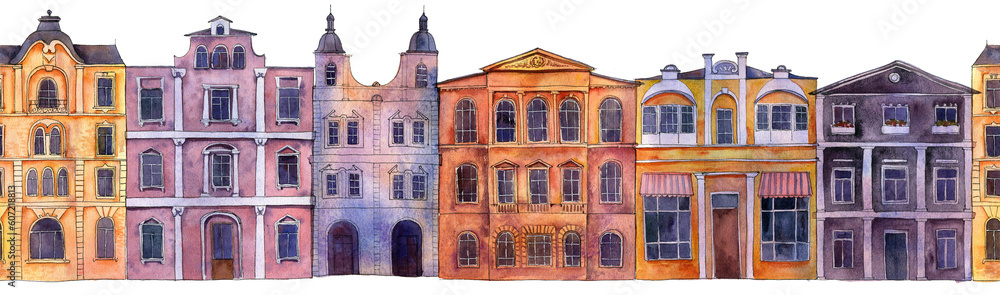 watercolor seamless border with drawing vintage buildings, mansions, old houses at white background, hand drawn illustration