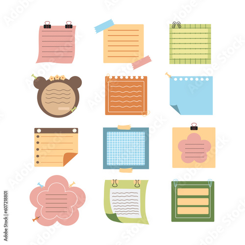 Colored sticky notes paper illustration. Blank paper sheets for note. Cute notes paper stickers for your message. Blank notes with elements of planning for business office writing reminds.