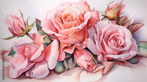 bouquet of pink roses watercolor painted Generative AI