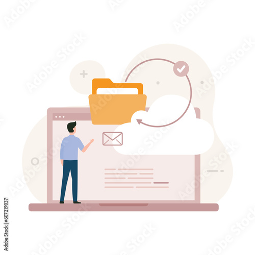 Files backup with information duplicate upload to cloud server tiny person concept