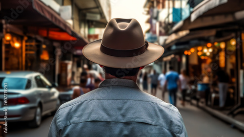 Tourist man with hat in the downtown created with Generative AI Technology