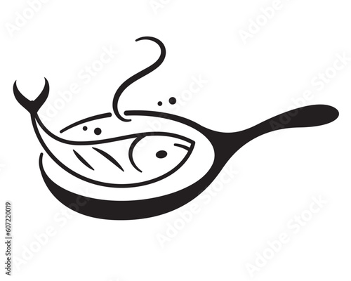 pan frying fish, cook seafood in pan, logo for seafood restaurant, vector
