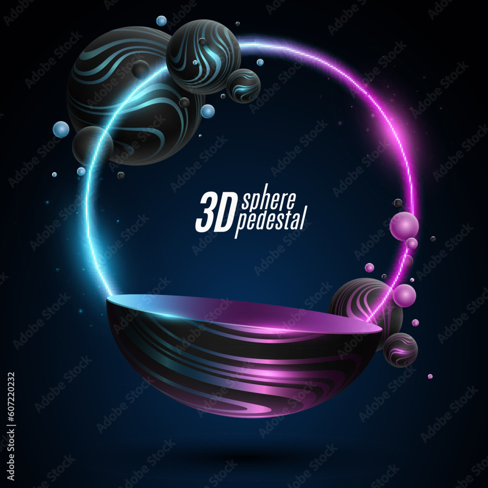Trendy levitating podium with glowing dynamic 3d spheres textured with ...