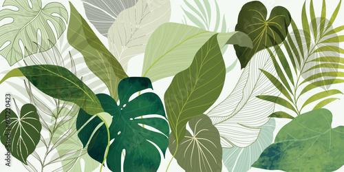 summer background watercolor arrangements with leaves. Botanical illustration minimal style.