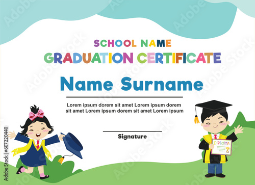 Cute diploma certificate template for preschool, kindergarten or primary school student. Children celebrating the graduation happily. Vector file.