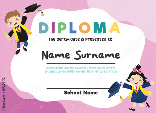 Cute diploma certificate template for preschool, kindergarten or primary school student. Children celebrating the graduation happily. Vector file.