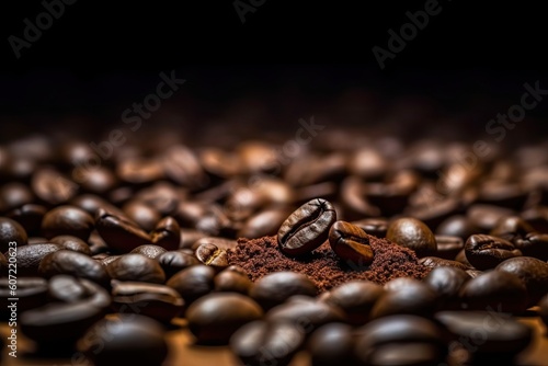 coffee beans and ground coffee on a wooden table Generative AI