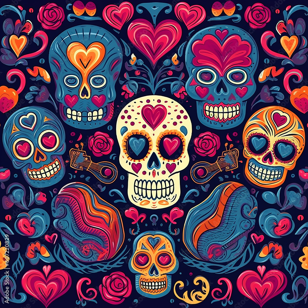 The day of the dead concept illustration with skulls, acoustic guitars, hearts, flowers in bold colors. Generative AI. The day of the dead concept illustration with skulls, acoustic guitars, hearts, flowers in bold colors. Generative AI.