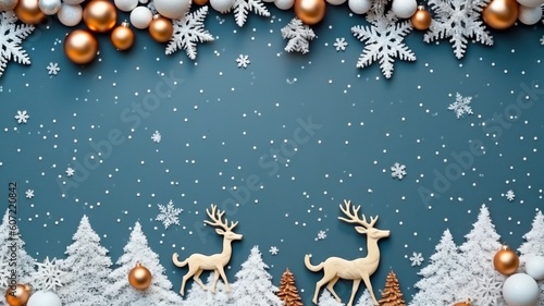 Christmas tree branches, stars, and deer in the snow, with a blue background. view from the top. Lay flat. Xmas break. Mockup, template, and happy new year card. GENERATE AI