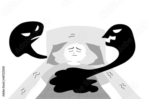 A girl sleeping and get nightmare and sleep paralysis, isomnia concept. Flat vector illustration.	