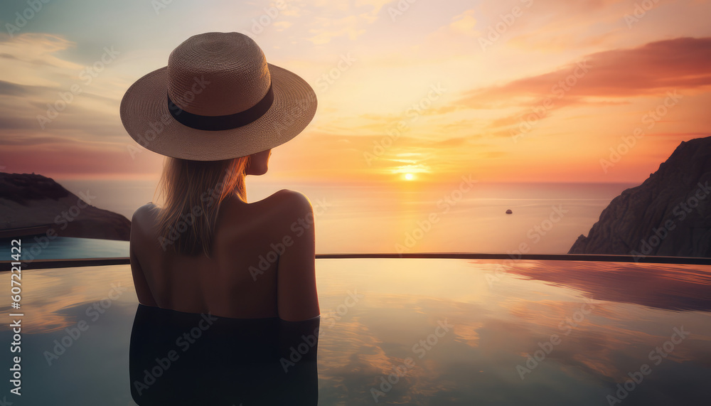 a woman in a hat and hat sitting next to a pool and watching the sunset sunset view, generative AI