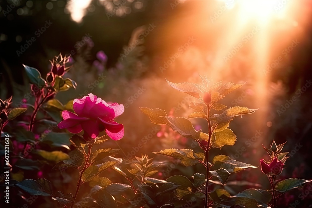 beautiful pink flower standing alone in a vast green field Generative AI beautiful pink flower standing alone in a vast green field Generative AI