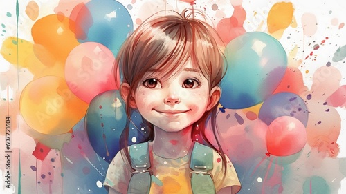 Happy child with balloons watercolor Generative AI