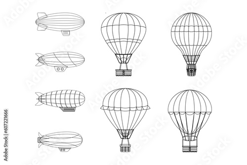 Hot air balloon and rocket outline illustration. Air transportation outline icon set. Clean and simple design.