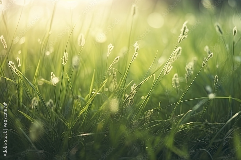 golden rays of sun shining through green grass blades in a field Generative AI