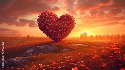 sunset with a red heart-shaped sky and a lovely flower-filled countryside. GENERATE AI