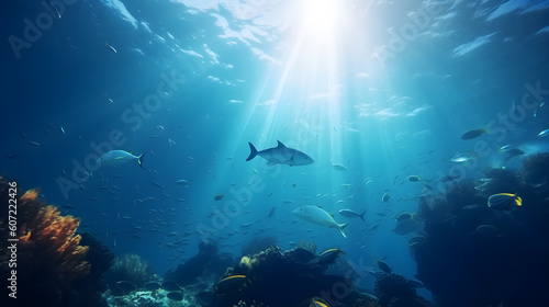 Beautiful underwater view of the coral reef. Life in the ocean. School of fish. Generative AI