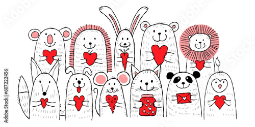 Cute animals with hearts in hands together. Be my Valentine. Valentine's day ...