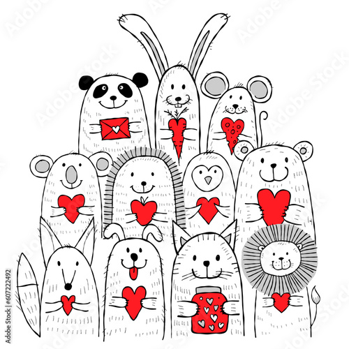 Cute animals with hearts in hands together. Be my Valentine. Valentine's day ...