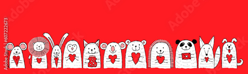 Cute animals with hearts in hands together. Be my Valentine. Valentine's day ...