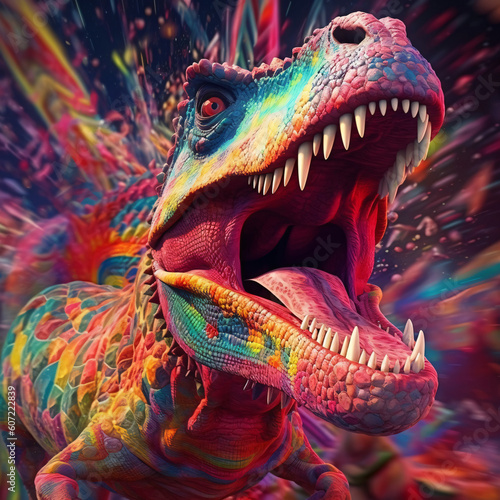 Roaring Echoes  A Colorful Splash Art Depiction of a Dinosaur with Mouth Open  Artistry Powered by Generative AI
