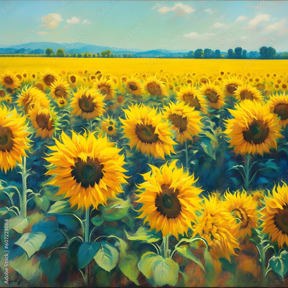 Obraz premium a field of sunflowers basking in the sunlight. Generated AI