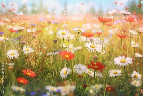 vibrant field of flowers under a bright blue sky Generative AI © AkuAku